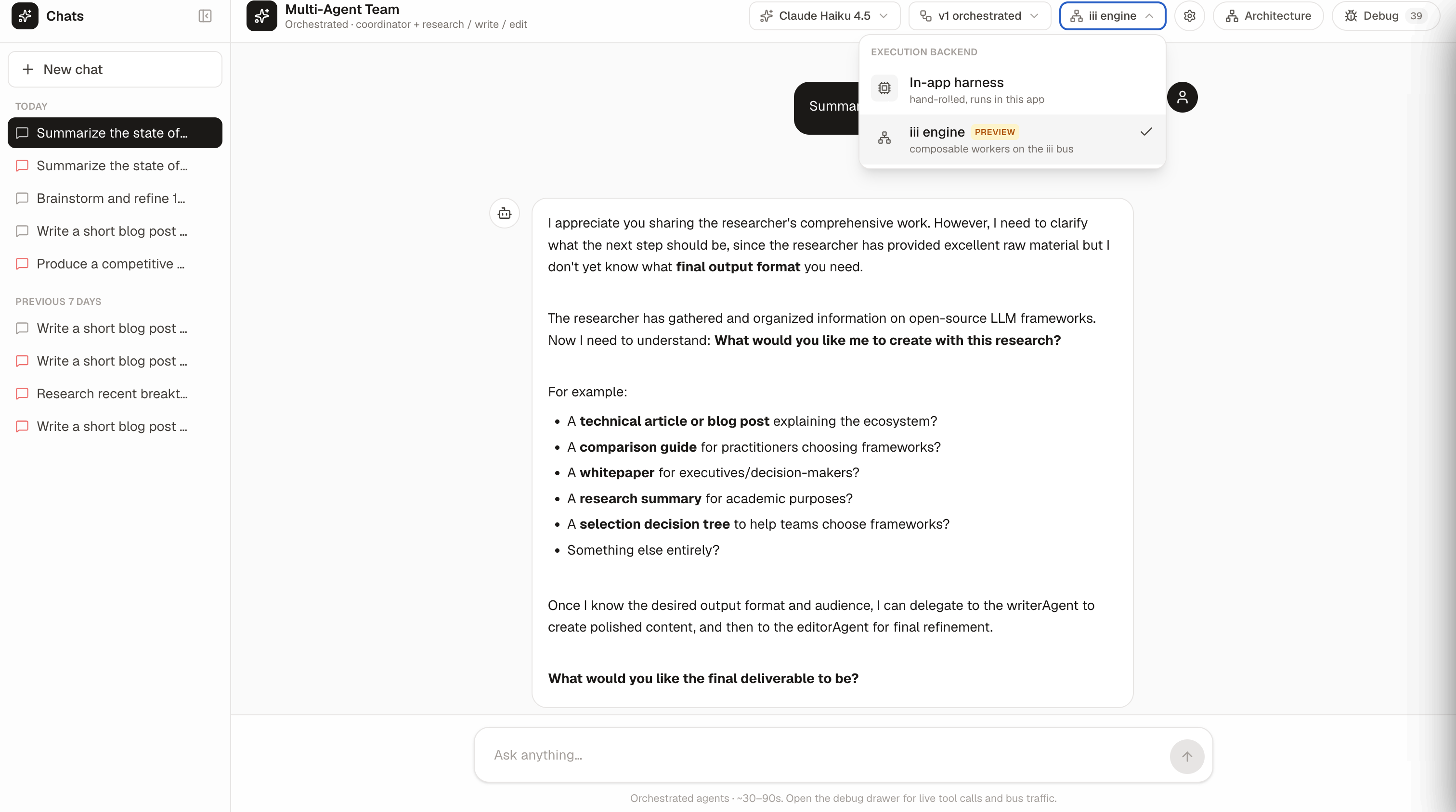 Multi-Agent Team chat UI showing the execution backend selector with iii engine selected
