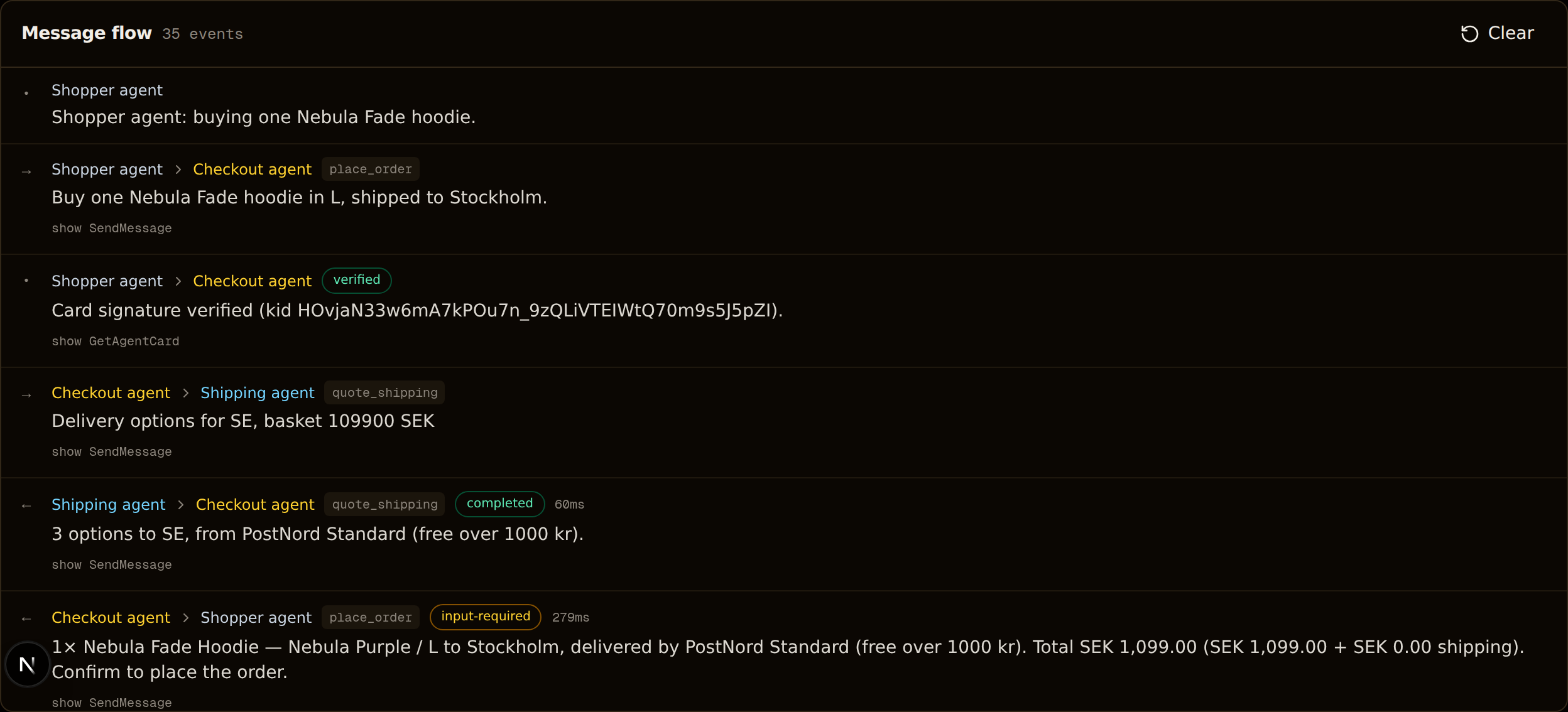 Timeline rows showing each agent card's signature being verified, with its key id, before any call goes out