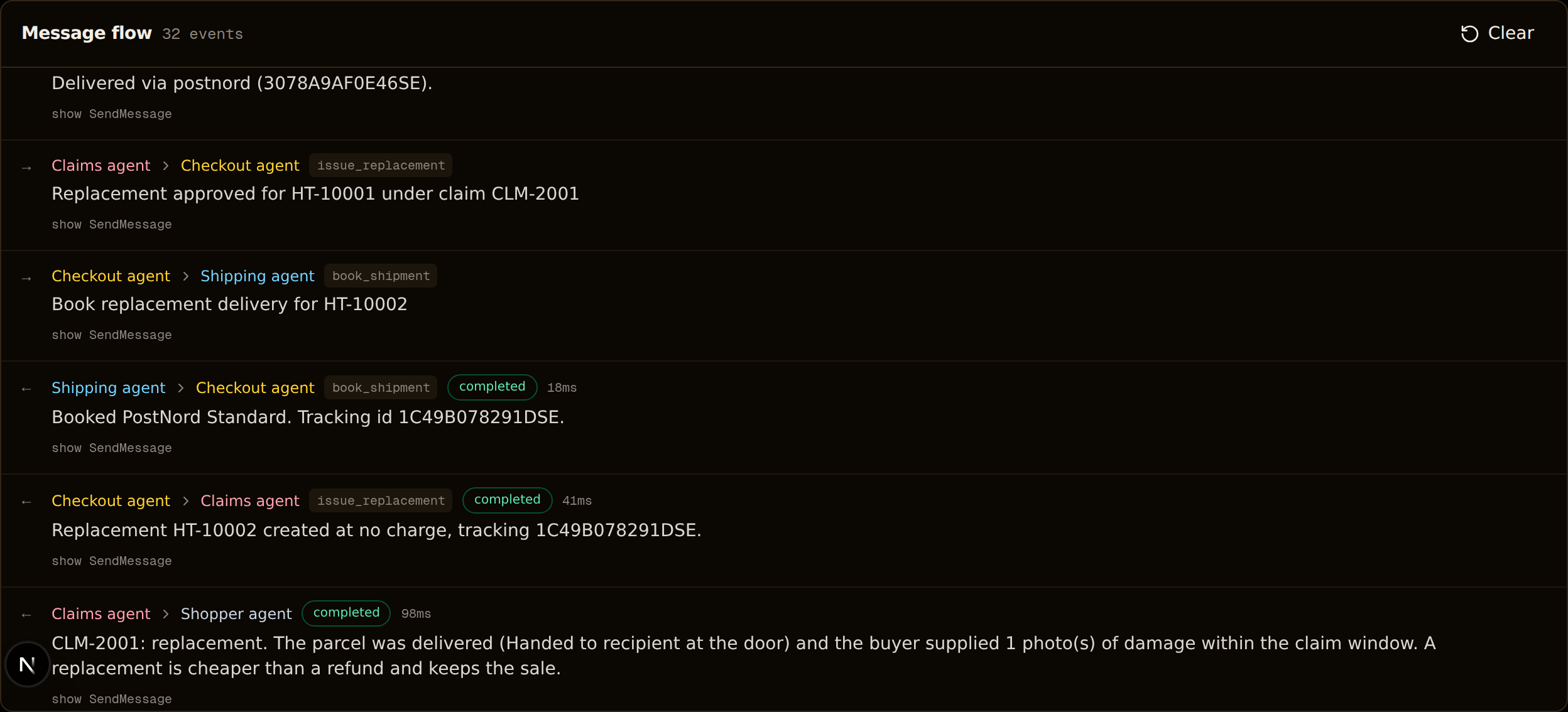 The demo timeline showing the claims agent approving a replacement, the checkout agent booking a new shipment, and the final decision with its reasoning
