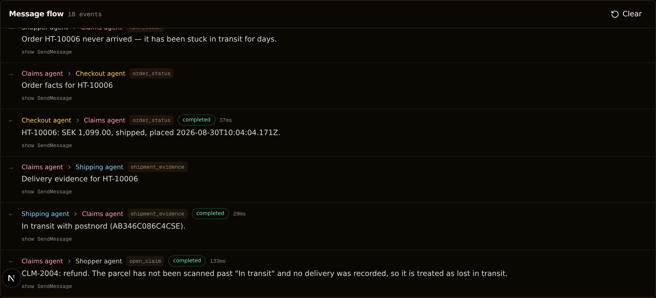The same evidence-gathering sequence on a parcel that stopped moving, ending in a refund rather than a replacement